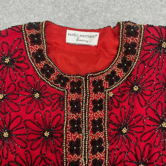 Papell Boutique Evening Jacket WMNS 8P Red Silk Floral Sequin Trophy Brocade Vtg - Picture 4 of 12